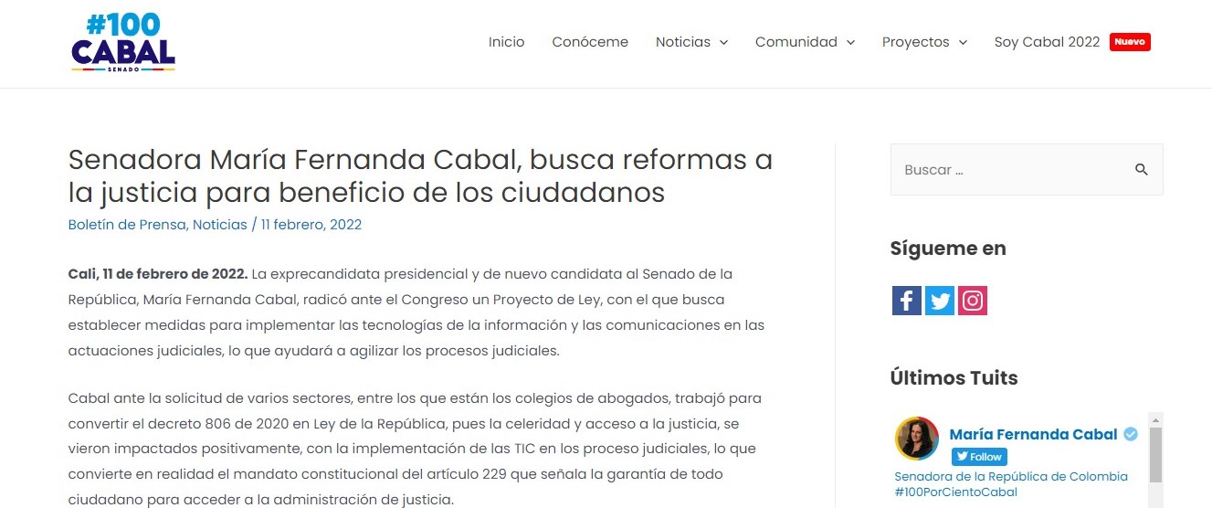La senadora María Fernanda cabal, busca el beneficio para los ciudadanos con la reforma a la justicia